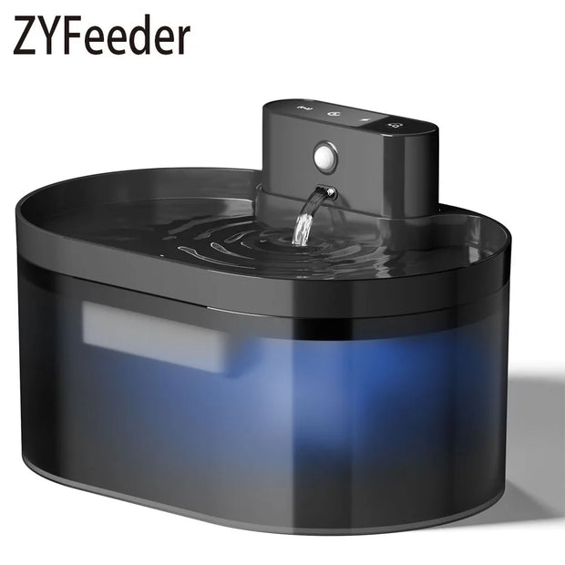 Black  2.2L Automatic Cat and Dog Drinking Fountain on a white background, branded 'ZYFeeder'.
