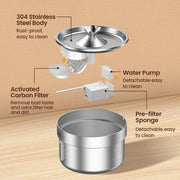 ROJECO 304 Stainless Steel Smart Pet Water Fountain filter with labeled parts on a wooden background