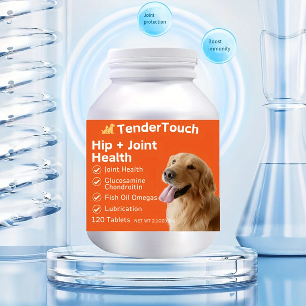 Lifestyle image (dog running, walking, or active): "Active dog enjoying improved mobility from Dog Hip and Joint Supplement Glucosamine + Chondroitin