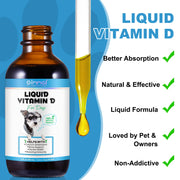 Liquid Vitamin D for Dogs Bone and Immune Support bottle with dropper on a blue background