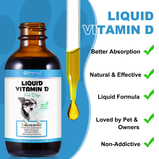 Liquid Vitamin D for Dogs Bone and Immune Support bottle with dropper on a blue background
