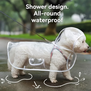 White dog wearing a Transparent Waterproof Dog Raincoat in an outdoor setting