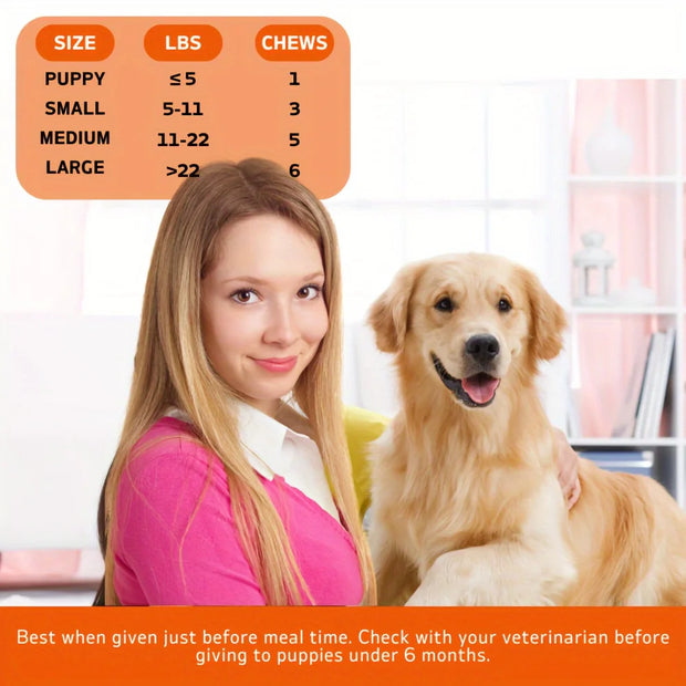 Benefit graphic (mobility, flexibility, pain relief): Dog Hip and Joint Supplement Glucosamine + Chondroitin– promotes flexibility, reduces stiffness, and improves joint mobility