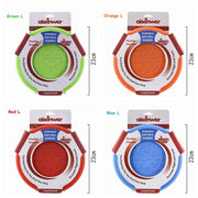 Four Aisenwer Durable Rubber Dog Frisbee in different colors packaging, showing dimensions.