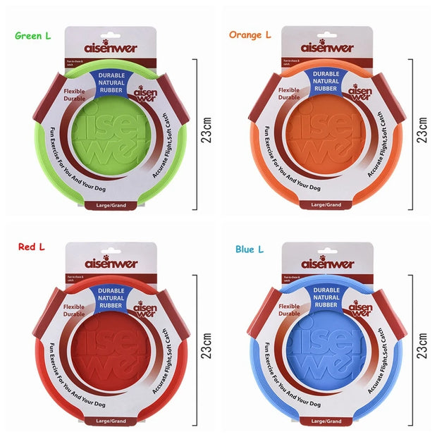 Four Aisenwer Durable Rubber Dog Frisbee in different colors packaging, showing dimensions.