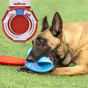 Dog playing with a blue Aisenwer Durable Rubber Dog Frisbee on grass, with a red and white Aisenwer packaging in the background.