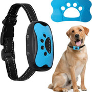 Anti-Barking Dog Collar  with blue display and black strap, dog wearing a similar collar, and blue paw-shaped device on a white background.