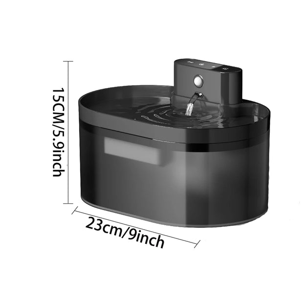 Black  2.2L Automatic Cat and Dog Drinking Fountain with dimensions labeled on a white background