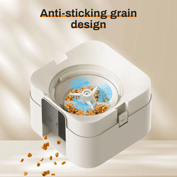 Smart Automatic Pet Feeder with WiFi Control with anti-sticking grain design on a beige background
