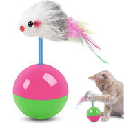 Colorful Cat and Dog Teasing Toy Set and feathered top, featuring a cat interacting with it.
