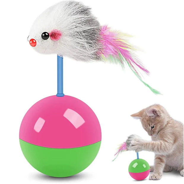 Colorful Cat and Dog Teasing Toy Set and feathered top, featuring a cat interacting with it.