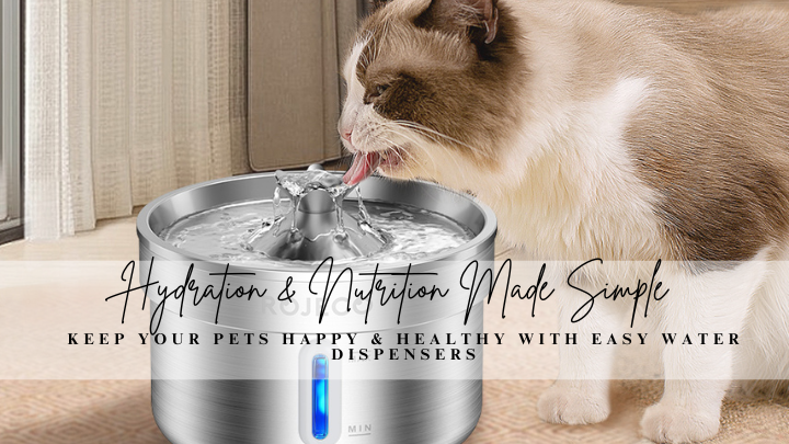 Cat drinking from a water fountain with promotional text about pet hydration and nutrition.