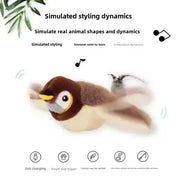 Plush Bird Cat Toy with text about simulated styling dynamics on a white background