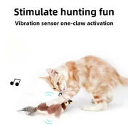Cat playing with a Plush Bird Cat Toy that stimulates hunting fun with vibration sensor activation.