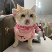 Cat wearing a pink Cute Halloween Costume with 'Good Dogs' text, standing indoors.