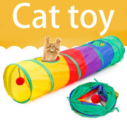 Colorful Cat Tunnel Toy with a cat peeking out on a yellow background