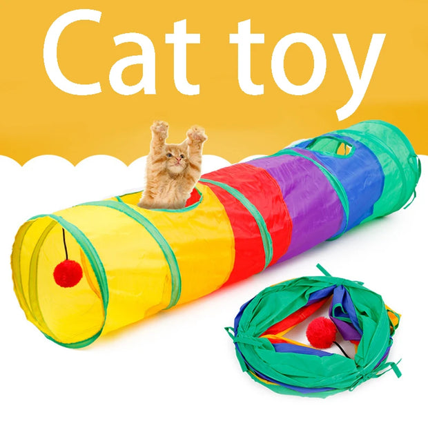 Colorful Cat Tunnel Toy with a cat peeking out on a yellow background