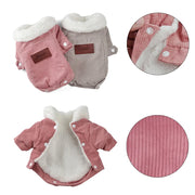 Corduroy Dog coat with corduroy texture and white fur lining, shown in pink and gray with close-up details.