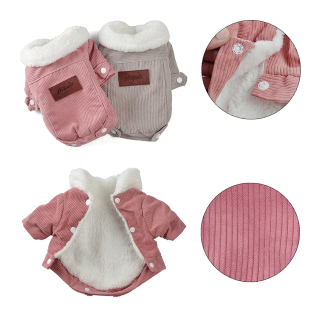 Corduroy Dog coat with corduroy texture and white fur lining, shown in pink and gray with close-up details.