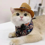 Cat wearing a brow Cowboy Hat Accessory on a white surface