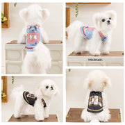 Collage of a small white dog wearing different Cute Pet Overalls Dress Denim and Plaid Style patterns.