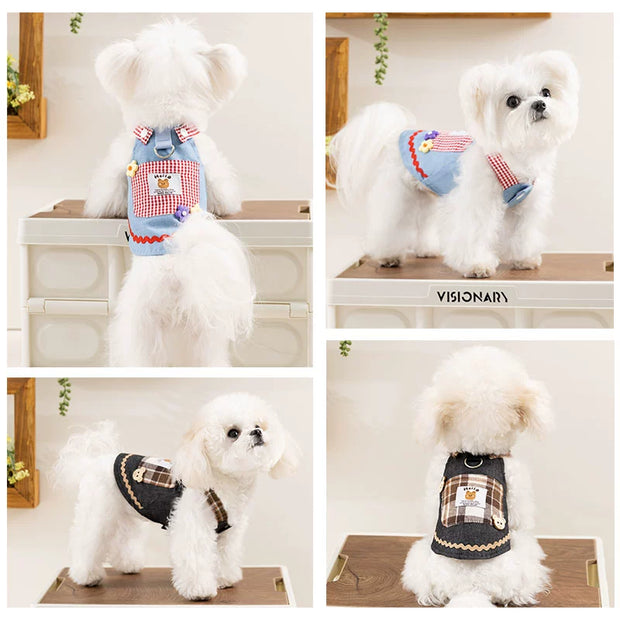 Collage of a small white dog wearing different Cute Pet Overalls Dress Denim and Plaid Style patterns.