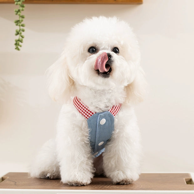 White dog wearing Cute Pet Overalls Dress Denim and Plaid Style a red checkered harness and blue vest on a wooden floor.