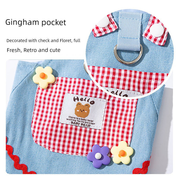 Cute Pet Overalls Dress Denim and Plaid Style with gingham pocket, checkered trim, and floral decorations on a white background.