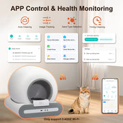 DOEL Upgraded Smart Cat Litter Box with app control and health monitoring features, including a cat and smartphone interface.