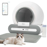 DOEL Upgraded Smart Cat Litter Box with a cat lying on a mat, and a smartphone displaying app interface.