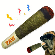 Cigar Dog Toy resembling a joint with 'PAW' branding, accompanied by a dog wearing sunglasses.