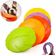 Colorful Durable Dog Frisbee Toy  with a close-up of a dog holding an orange Durable Dog Frisbee Toy.