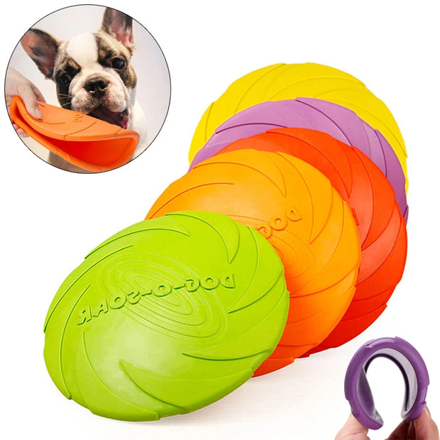 Colorful Durable Dog Frisbee Toy  with a close-up of a dog holding an orange Durable Dog Frisbee Toy.