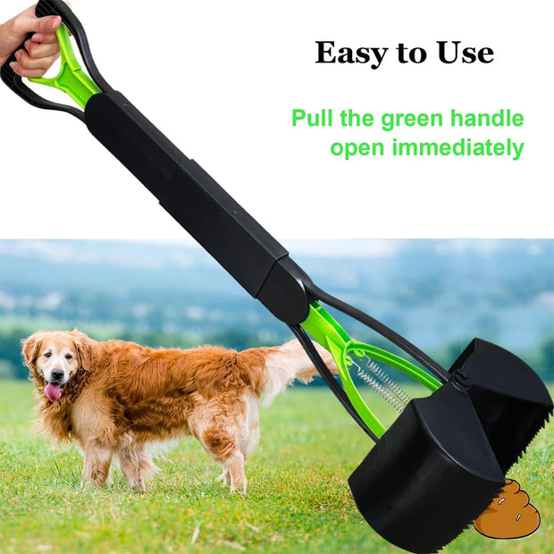 Easy Grip Dog Pooper Scooper  picker with green handle and black scoop, dog in background