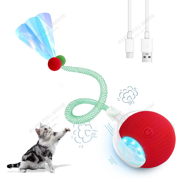 Electric Rolling Cat Toy Ball with LED light and USB cable on a white background