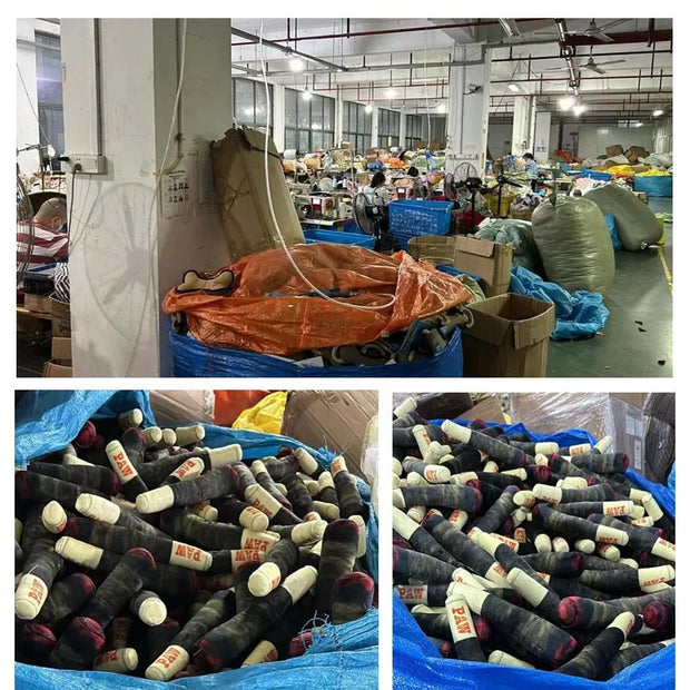 Factory interior with Cigar Dog Toy bottles and equipment, followed by close-up shots of bottles.