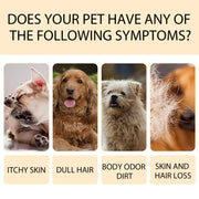 Gentle Pet Shampoo Cleansing Deodorizing and Anti-Itch Images of pets with symptoms and text asking if they have itchy skin, dull hair, body odor, or skin and hair loss.