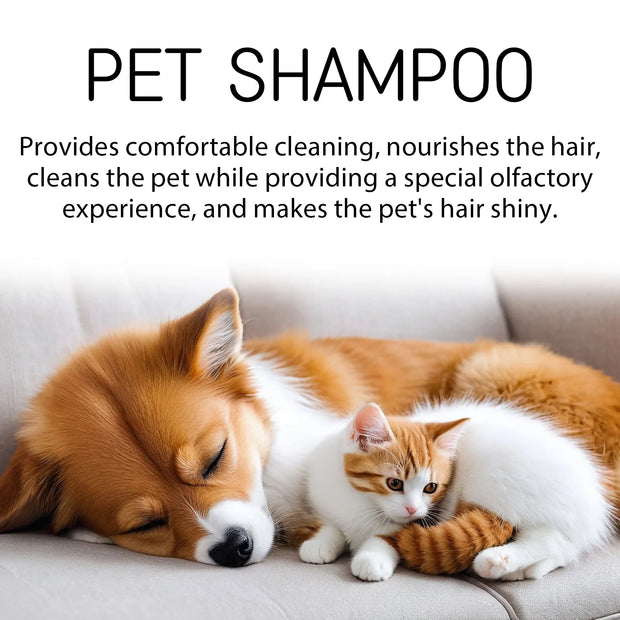 Dog and cat lying on a couch with text about Gentle Pet Shampoo Cleansing Deodorizing and Anti-Itch benefits