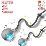 Gray handheld Rechargeable pet Toy Ball with Mode and Obstacle Avoidance with blue lights, USB cable, and text indicating modes on a white background.