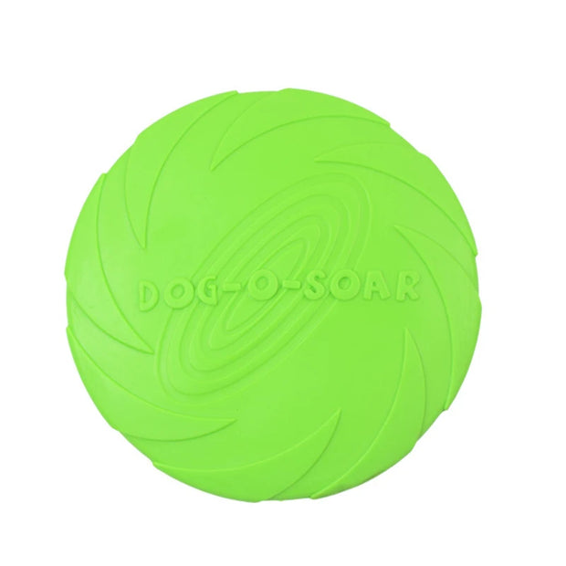 Green Durable Dog Frisbee Toy with 'DOG-O-SOAR' branding on a white background