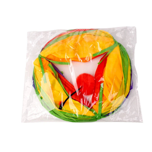 Colorful Cat Tunnel Toy in a clear plastic bag on a white background
