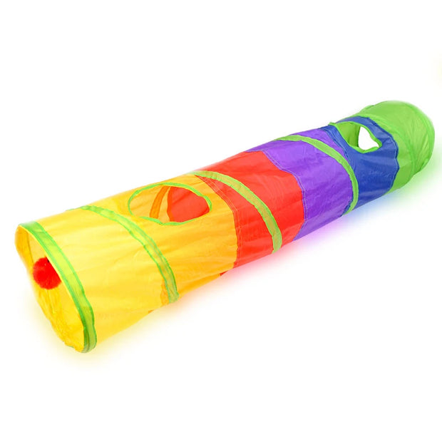 Colorful Cat Tunnel Toy with multiple holes on a white background