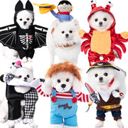 Group of dogs wearing various Halloween Bat Skeleton Costume on a white background