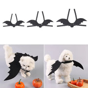 Black Halloween Bat Wings Costume for pets with two dogs wearing them on a gray background.