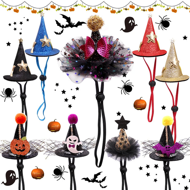 Halloween Witch Hats Collection with various designs on a festive background.