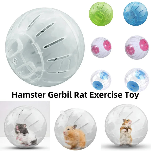 Hamster gerbil rat exercise toy with various colors and images of small animals on a white background
