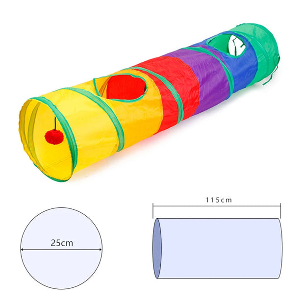 Colorful Cat Tunnel Toy with dimensions on a white background