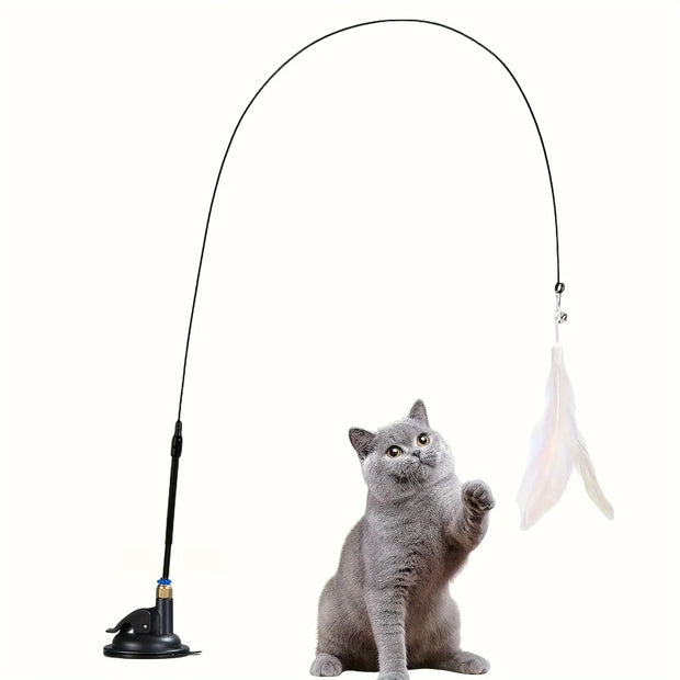 Cat playing with a rod Interactive Cat Toy Wand with Feather on a white background