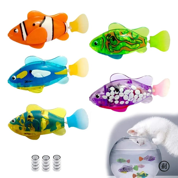 Colorful Interactive Electric Swimming Fish Toys with a cat interacting with a fishbowl on a white background