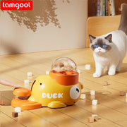 Yellow Interactive Treat Dispenser Toy for Dogs with a cat sitting on a wooden floor, featuring the brand 'lamgool'.